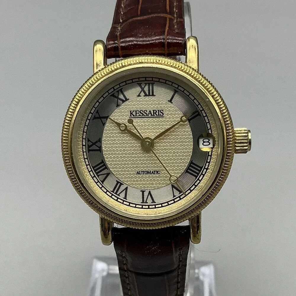Kessaris Womens Watch 30mm Gold Tone Cream Dial Date 17255 Leather Automatic